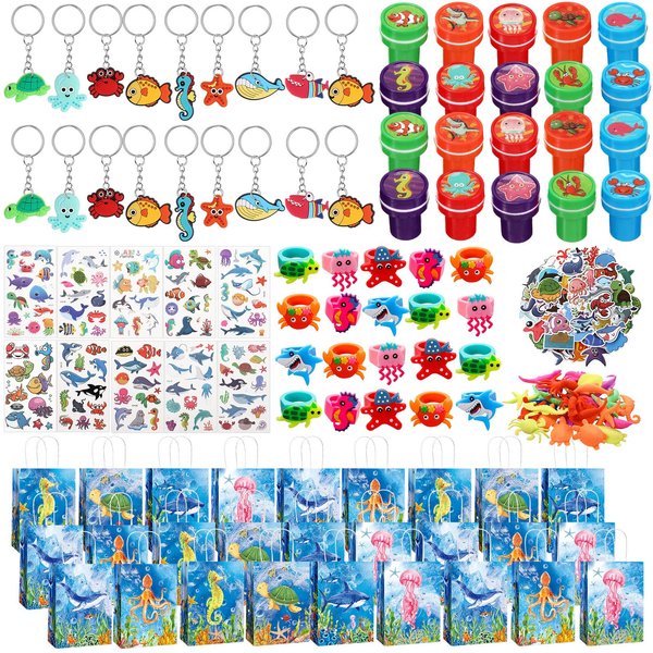 Threan 200 Pcs Under the Sea Party Favors for Kids Sea Animals Ocean Birthday Party Supplies Under the Sea Party Decorations with Gift Bag for School Rewards Prize Piñata Filler Goodie Bag Stuffers