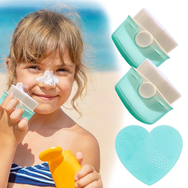 Sunscreen Applicator for Kids, 2 Pack Sunscreen Brush for Kids, Adult Foundation Brush, Sunblock Buddy Brush Set with Protective Caps, Sunscreen Lotion Applicator with Brush Cleaning Pad, Green