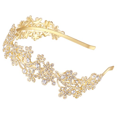 Ammei Headpiece Wedding Headband Crystal Bridal Headdress Flower Design Headpiece For Women (Gold)