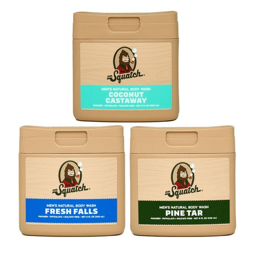 Dr. Squatch NEW Natural Body Wash for Men - Non-Exfoliating - Fresh Falls + Coconut Castaway + Pine Tar (8 oz, 3 Pack)