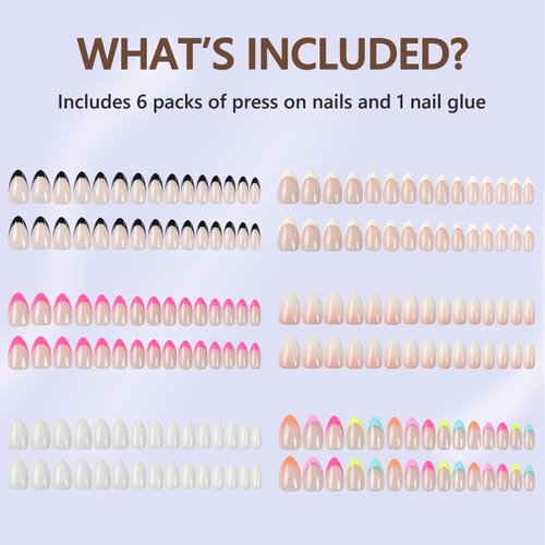 6 Packs Press On Nails Almond, Misssix French Tip Press On Nails Short, Reusable Glue On Nails, Gel Fake Nails for Women, Stick On Nails Kit 15 Sizes-6 styles in total