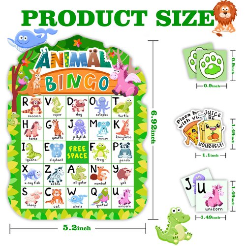 Animal Bingo Game for Kids Toddler Adults Family, Animal Bingo Cards Letter Recognition Jungle Safari Party Game with 24 Players & 40Pcs Punny Stickers for Party Favors Kindergarten Activity Supplies