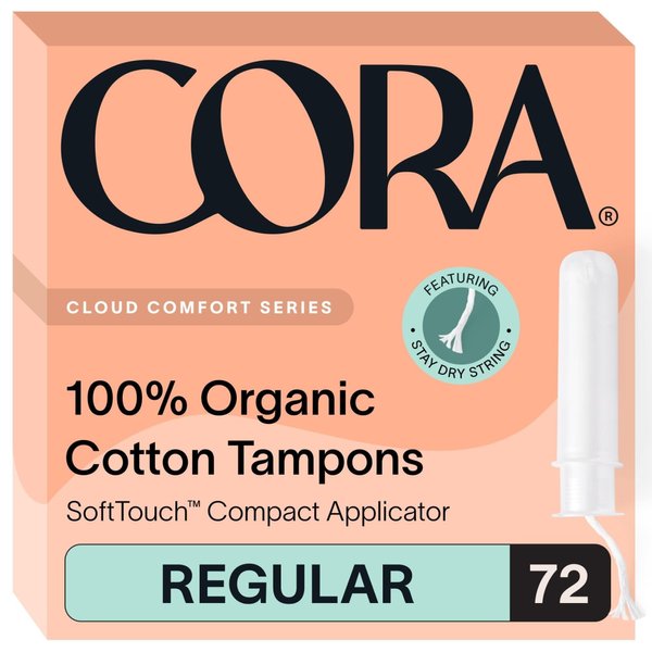 Cora Organic Applicator Tampons | Regular Absorbency | 100% Organic Cotton, Unscented, BPA-Free Compact Applicator | Leak Protection | Packaging May Vary | 72 Total