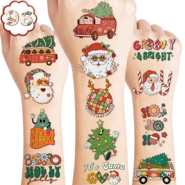 100 PCS Christmas Groovy Temporary Tattoos Themed Birthday Party Decorations Favors Supplies Décor Retro Boho Hippie Noel Xmas Winter Tattoo Stickers Gifts For Game Boys Girls Classroom School Prizes