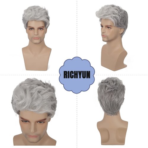 RicHyun Mens Short Grey Wig Short Curly Grey Wig Synthetic Heat Resistant Hair Replacment Wig for Daily Party Costumes