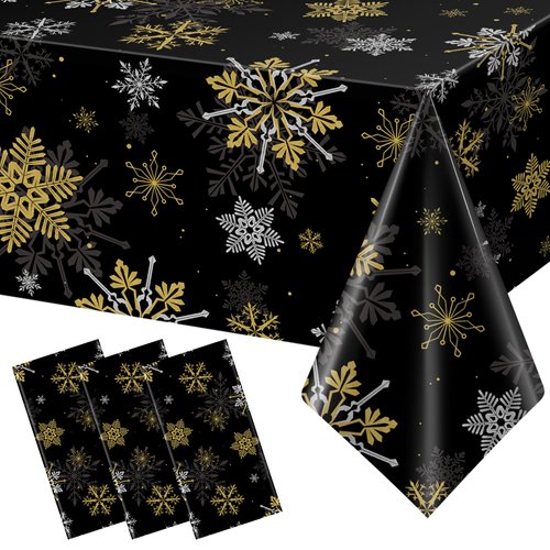 3Pcs Christmas Snowflake Party Tablecloths Decorations,Plastic Black and Gold Table Cloth,Winter Rectangle Table Cover for Christmas New Year Birthday Baby Shower Holiday Party Decorations,54x108 inch