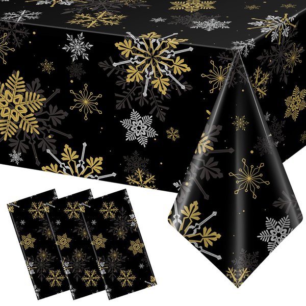 3Pcs Christmas Snowflake Party Tablecloths Decorations,Plastic Black and Gold Table Cloth,Winter Rectangle Table Cover for Christmas New Year Birthday Baby Shower Holiday Party Decorations,54x108 inch