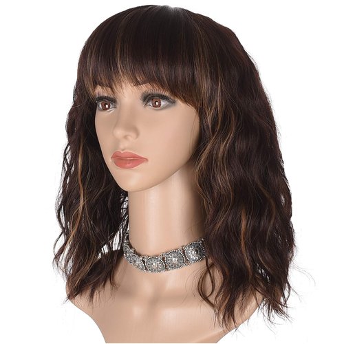 morvally Short Mix Brown Wavy Bob Wig with Bangs for Women 16 Inches Natural Synthetic Hair Wavy Wigs