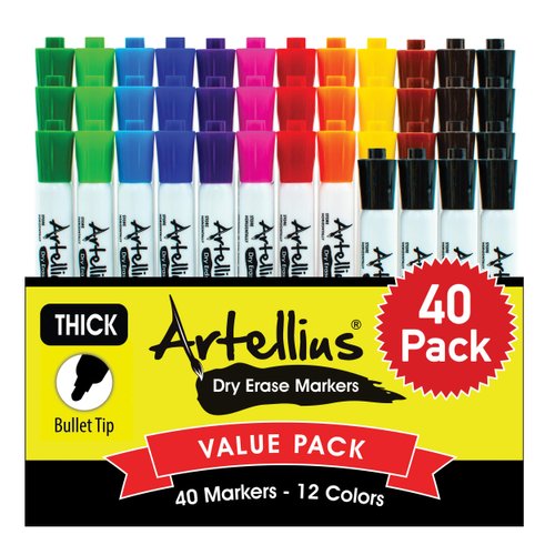40 Pack of Dry Erase Markers (12 ASSORTED COLORS W/ 7 EXTRA BLACK) - Thick Barrel Design - Perfect Pens For Writing on Whiteboards, Dry-Erase Boards, Mirrors, Windows, & All White Board Surfaces
