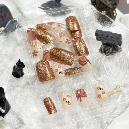 Halloween Press on Nails Short Square Fake Nails, Orange Press on Nails with Glitter Ghost Designs Halloween Glue on Nails Full Cover False Nails Halloween Nails for Women 24Pcs