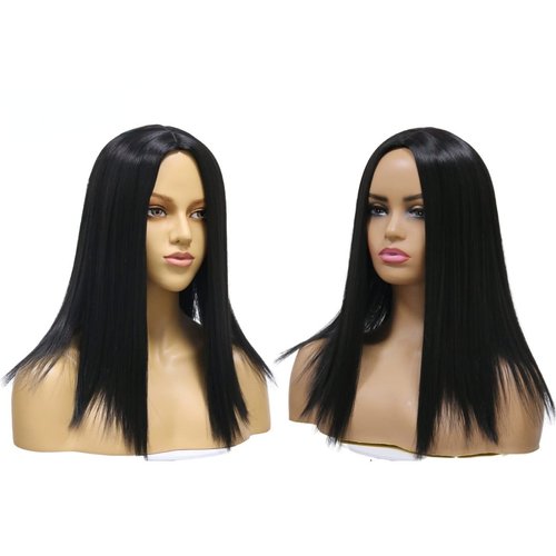 Fabutio 1B Black Color Middle Part Wig Heat Resistant Fiber Synthetic Hairs Straight Short Bob Wigs Full Machine Made Hair Replacement Pre Plucked Cosplay Party Wig For Women 14 Inch