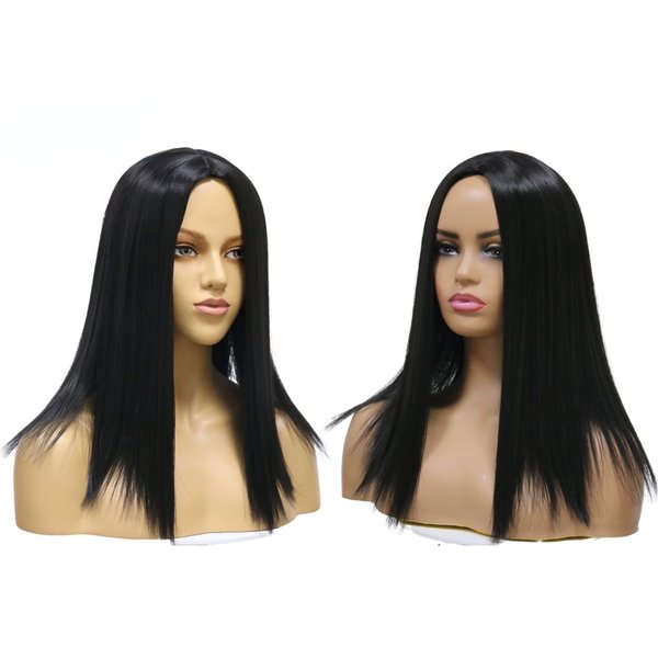 Fabutio 1B Black Color Middle Part Wig Heat Resistant Fiber Synthetic Hairs Straight Short Bob Wigs Full Machine Made Hair Replacement Pre Plucked Cosplay Party Wig For Women 14 Inch