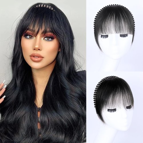 Yargel Hair Human Hair Clip in Bangs Wispy Bangs Fringe with Rhinestone Band Temples Hairpieces for Women Clip on Air Bangs Flat Neat Bangs Hair Extension for Daily Use (1B)