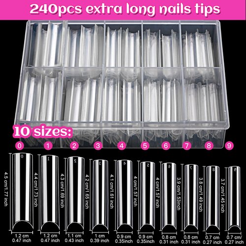 Extra Long Clear Nail Tips, HNYYZL 240Pcs XXL Square Straight Nails Half Fake Nail Tips Kit C Curve Nail Tips Half Cover for Acrylic Nail Tips, with Nail Glue and Nail File, for Nail Salon Home DIY