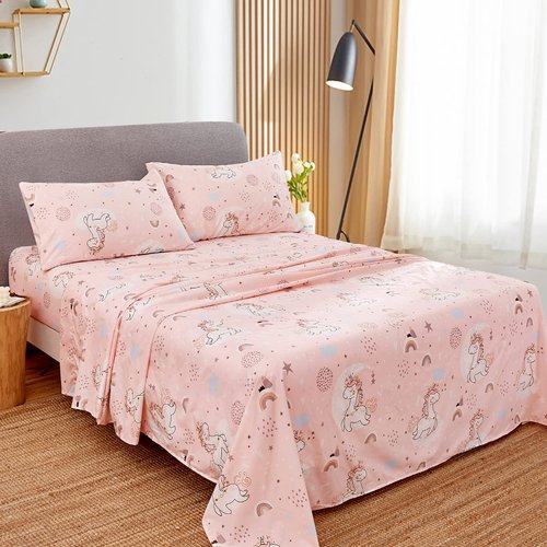 JSD Pink Moon Unicorn Kids Sheet Set Twin 3 Piece, Cute Printed Microfiber Bed Sheets for Girls Deep Pocket