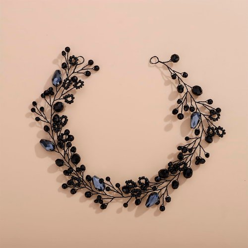 Kercisbeauty Black Pearl Beads Headband for Wedding Brides Bridesmaid Women Girls Handmade Hairpiece Black Jewelry for Halloween Costume Jewelry
