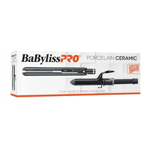 BaBylissPRO Porcelain Ceramic 1" Flat Iron and 1 1/4" Spring Curling Iron Prepack