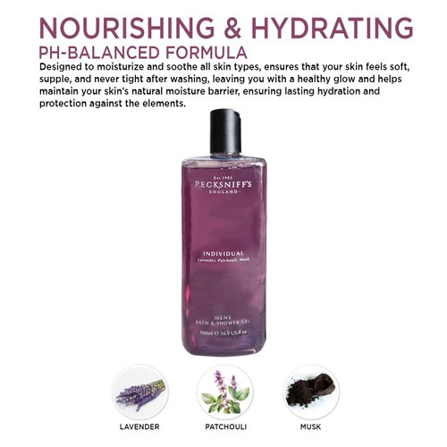 Pecksniff's Men's Individual Bath & Shower Gel Body Wash 500ml - Luxurious Lavender, Patchouli & Musk Scent - Nourishing & Hydrating Formula for All Skin Types