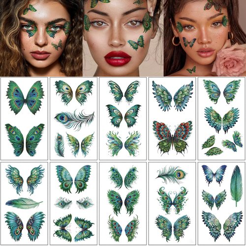 Glitter Butterfly Peacock Feather Waterproof Temporary Tattoo Sticker for Women Wings Fake Tattoo Stickers Face Eye Makeup Birthday Party Favors 10 sheets