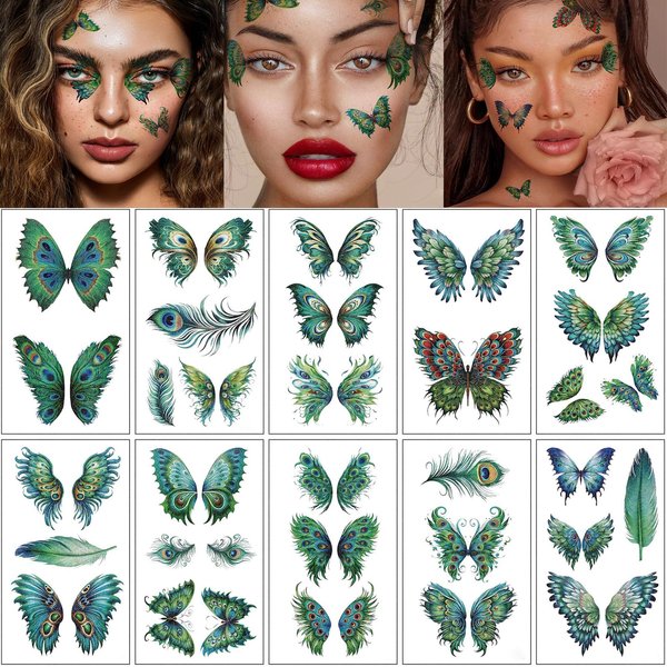 Glitter Butterfly Peacock Feather Waterproof Temporary Tattoo Sticker for Women Wings Fake Tattoo Stickers Face Eye Makeup Birthday Party Favors 10 sheets
