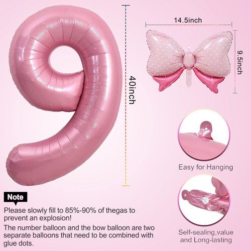 Pink 9 Balloon 40 Inch,Giant Number Balloon Mini Bow Balloon Set for Girl 9th Birthday Party Decorations,Nine Years Old Birthday Pink Theme Party Decorations,Pink Foil Mylar Birthday Digital Balloon