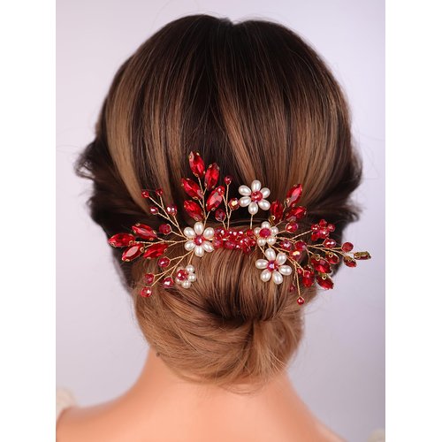 Teyglen Flower Pearl Bride Wedding Hair Comb Red Crystal Hair Comb Bridal Hair Piece Decorative Hair Accessories for Bride Rhinestone Headpiece for Women Grils (Red)