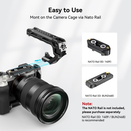 SmallRig Lightweight NATO Top Handle - Quick Release NATO Grip for DSLR Camera Cage - Universal Top Handle with 5 Cold Shoe Adapters and NATO Clamp (Lite) - 3766