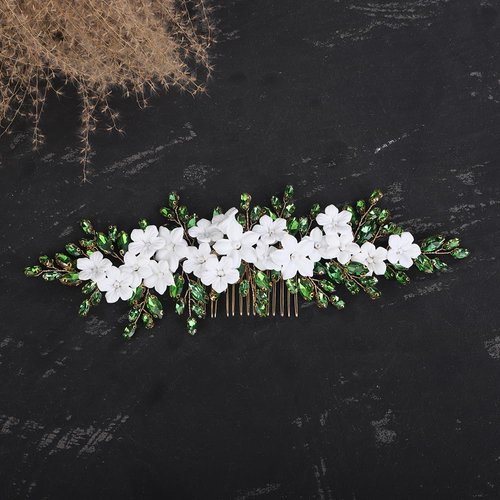 Teyglen Bride Flower Wedding Hair Comb Headband White Flower Rhinestone Headpiece Bridal Green Crystal Hair Piece Hair Accessories for Women Girls (Green)