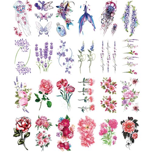 25 Sheets Small Temporary Tattoos, Flowers Ocean Animals Jellyfish Whale Hands Face Tattoo Sticker for Men Women, Leaves Body Art on Arm Neck Shoulder Clavicle Waterproof