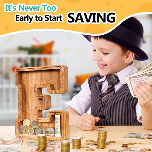 SummiDate Wooden Letter Piggy Bank| Piggy Bank for Boys Girls Toddler| Alphabet E Money Bank| Coin Bank Birthday Gift for Kids|2024 Graduation Money Box (E)