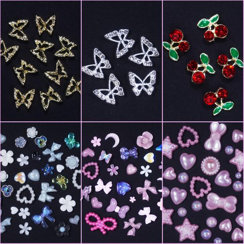 Pink 3D Assorted Flower Nail Gems Charms White Pink Bows Nail Charms Color Alloy Cherry Butterfly Rhinestones Nail Charms for Nail Art DIY Accessories