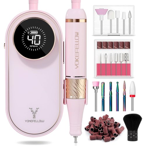YOKE FELLOW Nail Drill Machine - 40000RPM Nail Drill Professional with 12 Drill Bits for Electric Nail File Manicure Pedicure Home Use (Pink)