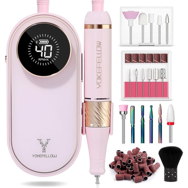 YOKE FELLOW Nail Drill Machine - 40000RPM Nail Drill Professional with 12 Drill Bits for Electric Nail File Manicure Pedicure Home Use (Pink)