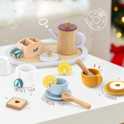 KizKnows Wooden Toy Tea Set for Little Girls, Toddler Tea Party Set Kids Pretend Play Kitchen Accessories with Play Food Gift for Girls Boys 3 Years and up