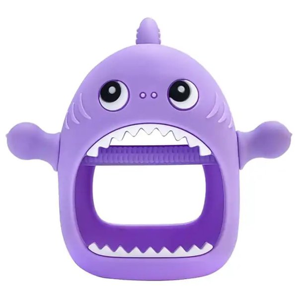 Cute Shark Teething Mitten Toy for Babies, Never Drop Silicone Baby Teether, Hand Pacifier for Babies to Suck and Chew, Toy for Teething Babies (Purple)