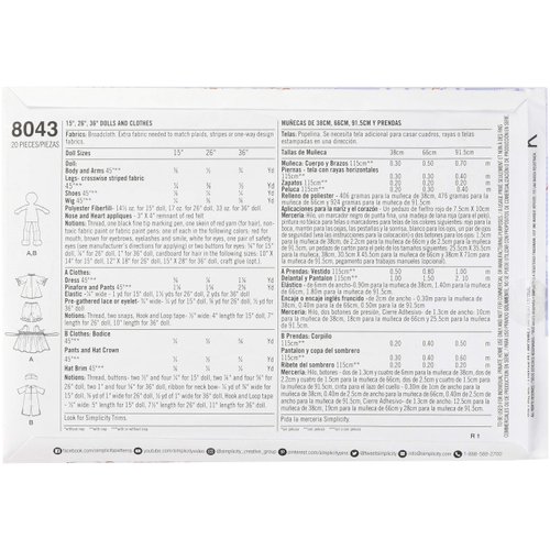 Simplicity US8043OS Raggedy Ann and Andy Doll Sewing Pattern Kit, Code 8043, One Size