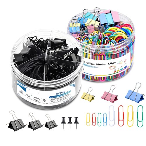 Office Supplies Paper Clips Binder Clips - 600Pcs Colored Office Clips Set, Assorted Sizes Paperclips Paper Clamps Rubber Bands Push Pins for Document Organizing, Home Office Teacher School Supplies