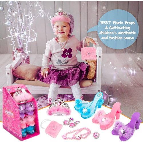 Princess Shoes and Girls Purse Jewelry Toys, Princess Dress Up Clothes for Little Girls, Toddler Dress Up Shoes, Crown Necklace Earrings, Ring, Girls Toys for Little Girls 3,4,5Years Old