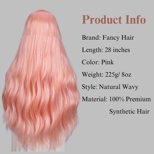 Fancy Hair Peach Pink Wavy Wig 28 Inch Natural Wavy Curly Synthetic Wig for Women Long Pastel Pink Middle Part Wig for Halloween Party Cosplay Daily Use