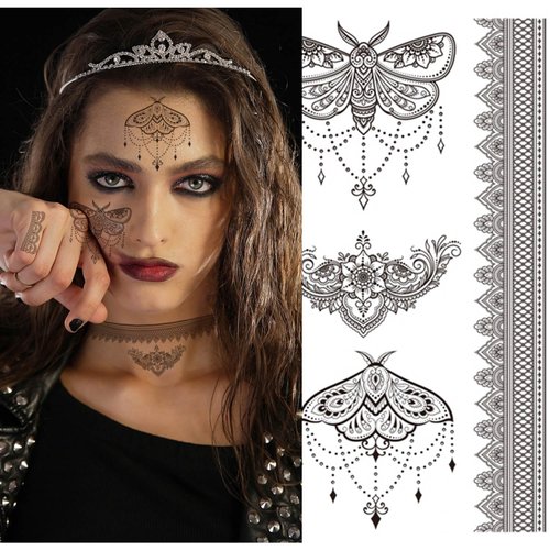 VIWIEU Fake Small Black Henna Temporary Tattoos 10 Pack for Adult Women, Realistic Flower Lace Finger Hand Arm Removable Body Art Stickers Summer Wedding Party Bridal Favors, Long Lasting Waterproof