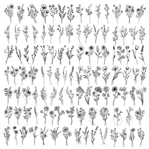 Small Flower Temporary Tattoos for Women Girl 30 Sheets Black Realistic Fake Tattoo Waterproof 100+pcs