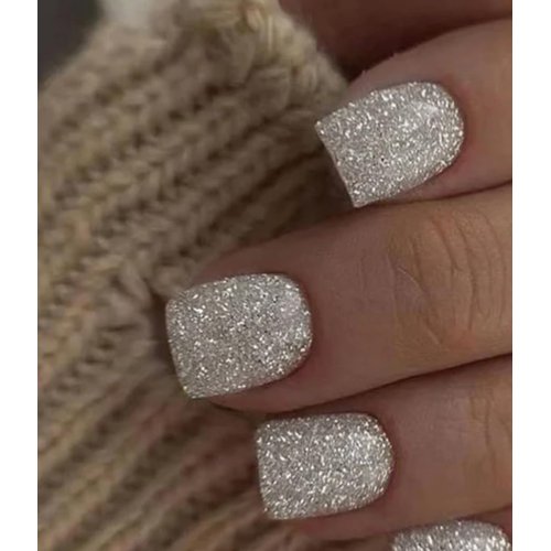 Curvlife Press on Nails Acrylic Fake Nails with Design Full Cover False Nails Reusable Nail Kit with Nail Glue Adhesive Tabs Nail File Artificial Glue on Nails (Silver with glitter, 30pcs)