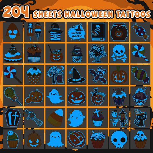 EMOME 204 Sheets Glows Halloween Tattoos, Individually wrapped Temporary Tattoos for Kids Halloween Party Favors Games, Blue Face Tattoos for Halloween Goodie Candy Treat Bags