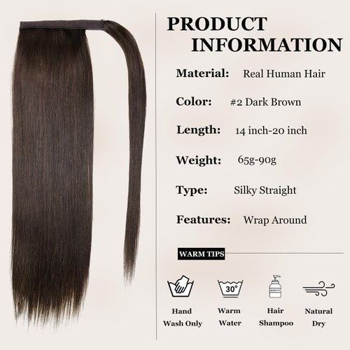 JIAMEISI Ponytail Extension Human Hair Wrap Around Clip in Hair Piece Ponytail Extension Human Hair Straight Ponytail Hair Extensions with Magic Paste 65G 14 Inch #2 Darkest Brown