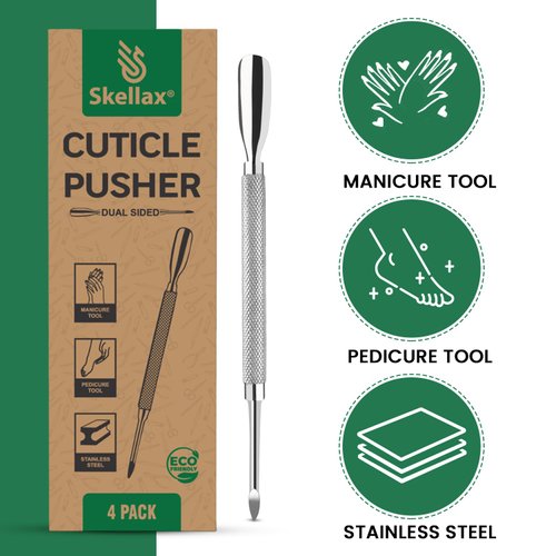 Skellax 4PCS Cuticle Pusher Double Ended Sharp Edge Spoon Shaped Set, Salon Quality Stainless Steel Metal Manicure Pedicure Nail Polish Remover Cleaner Tools for Fingernails Toenails