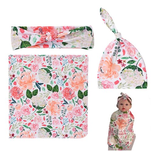 Reborn Baby Dolls Clothes Floral Swaddle Blanket for 18-24 inch Reborn Dolls ,Receiving Blanket +Bow Headband +Hat Sets Accessories