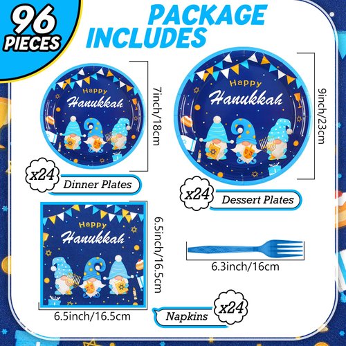 Sunnyray 96 Pcs Happy Hanukkah Party Decorations Supplies Hanukkah Menorah Party Tableware Set Birthday Party Dessert Plates Napkins Forks for 24 Guests Hanukkah Festive Day Indoor Yard Outdoor