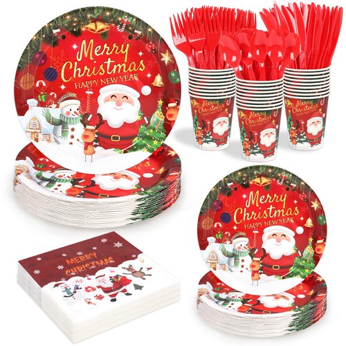 168 Pcs Christmas Paper Plates and Napkins Sets Santa Claus,Snowman Disposable Dinner Tableware Set With 7" Plates, 9" Plates, Napkins,Cups & Knife & Fork &Spoon Party Supplies Serve 24 Guests