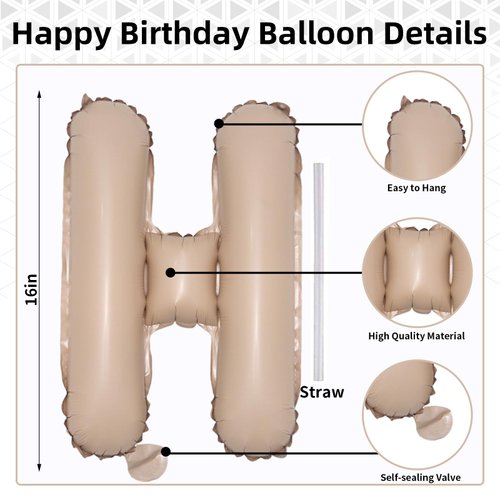 Happy Birthday Balloon Banner Beige, 16 Inch Neutral Tan Self Inflating Happy Birthday Foil Balloon, Nude Birthday Bunting Banner Letter Balloons for Men Women Birthday Party Decorations Supplies
