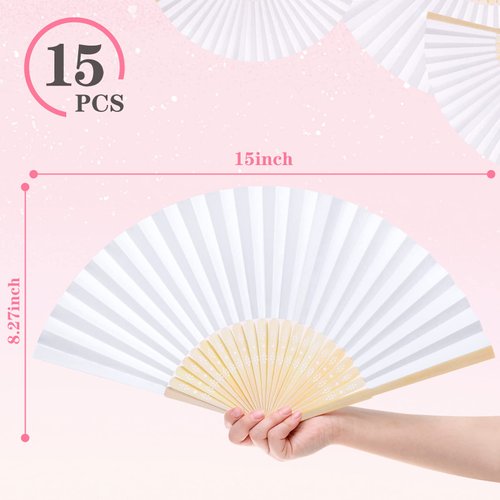 DomeStar 15PCS White Folding Paper Fans, Foldable Hand Fan Bamboo Fan Handheld White Fans for Wedding Summer Party DIY Craft Home Decoration
